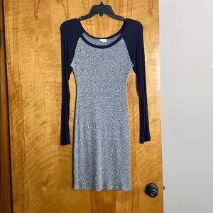 Blue and gray bodycon dress.